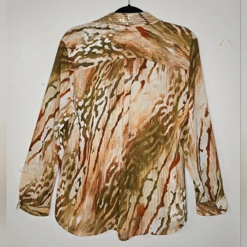 CHICOS 2 Neutral Zebra Chic Joceline Top Long Sleeve Sequin Collar - Picture 3 of 14